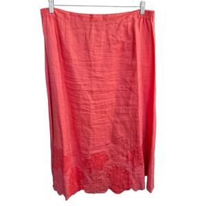 Vtg Lino USA 100% Linen A-line Skirt 2X XXL Coral Embroidered Lined Floral